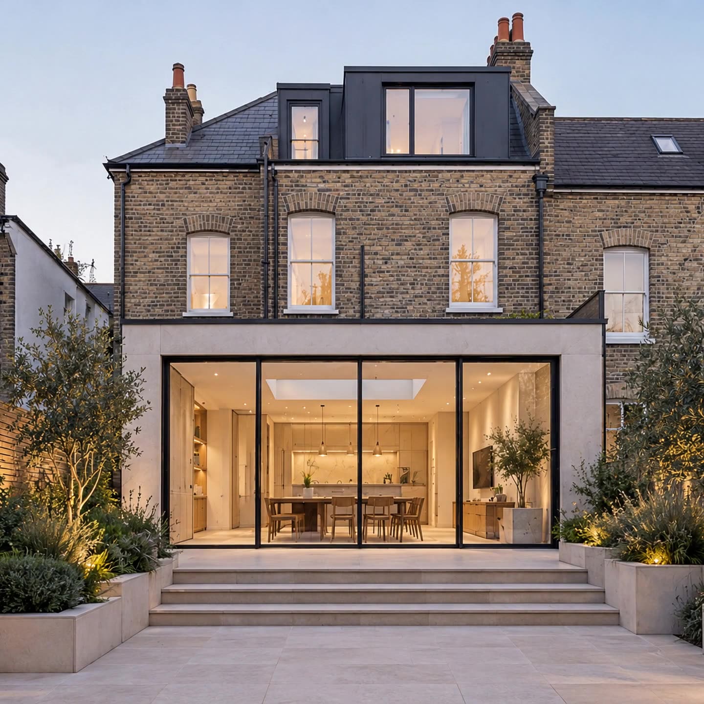 A London rear extension drawn as a pencil sketch with dimensions, turning into a finished photoreal render