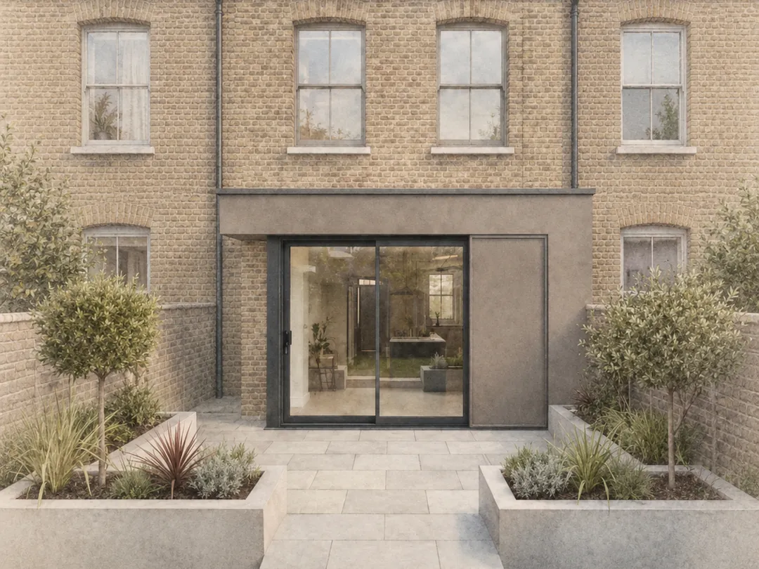 Rear extension with sliding glass doors and a dark render box on a London stock brick Victorian terrace, with raised planters